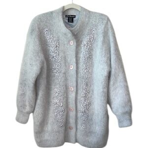 Vintage Lee Sands Angora Embroidered Beaded Sweater Jacket Baby Blue One Size